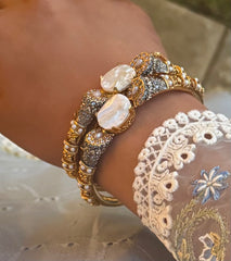 Antique Gold Pearl Bangles | Pakistani bridal jewellery | Polki, Zircon, Pearl & Gold